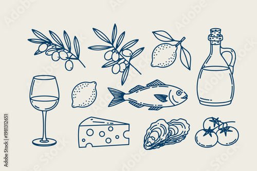 Hand-drawn collection of mediterranean food and drink including olives, lemons, fish, wine, cheese, oysters, and tomatoes