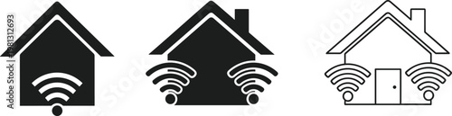 Three stylized icons of houses emitting Wi-Fi signals, representing smart home technology, connectivity, and wireless communication for residential properties.