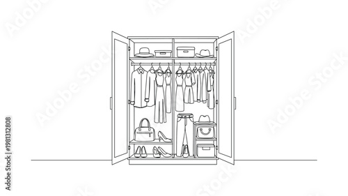 "Fashion Self-Expression". Minimalistic one-line drawing wardrobe open with clothes and accessories being considered for styling, continuous single black line