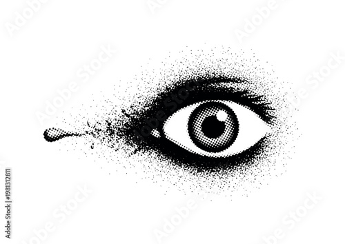 A drop of ink expanding outward forming an eye shape, symbolic emergence, off-center composition with negative space, monochrome halftone illustration, visible