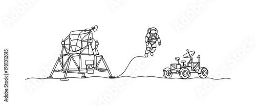 "Moon Exploration". Minimalistic one-line drawing lunar surface with module, rover, and astronaut in action pose, continuous single black line on white