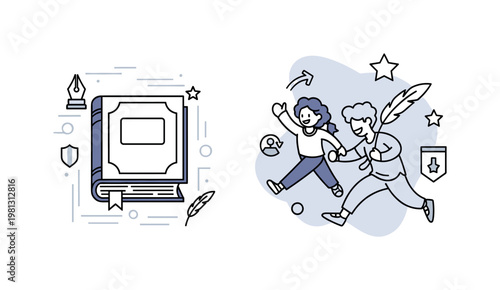 Classic literature. A closed book with a simple decorative cover sits prominently, with subtle glow lines around it. Small icons like quills and stars suggest