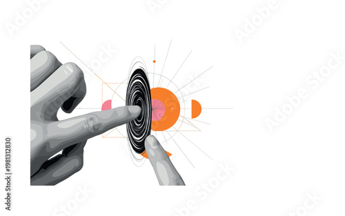 close-up of fingers touching portal edge with swirling light, monochrome textures with high contrast, abstract orange and pink geometric shapes symbolizing