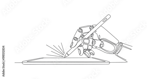 "Assistive Technology Use". Minimalistic one-line drawing bionic hand manipulating stylus over tablet or device screen with motion lines, continuous single