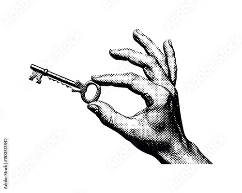 A hand delicately holding a skeleton key between fingertips, symbolic gesture, off-center composition with negative space, monochrome halftone illustration,