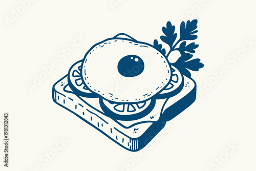 Hand-drawn of a fried egg sandwich with tomato slices and parsley garnish on toast