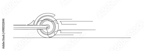 "Scooter Motion". Minimalistic one-line drawing side view of scooter wheel in motion with subtle speed lines, continuous single black line on white background,