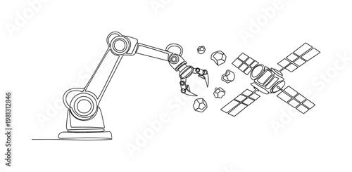 "Orbital Maintenance". Minimalistic one-line drawing robotic arm capturing fragments of space junk near a spacecraft, continuous single black line on white