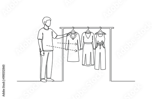 "Individual Wardrobe Curation". Minimalistic one-line drawing person arranging outfits on rack with subtle selection lines, continuous single black line on
