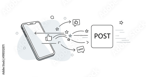 Content sharing flow. A phone displays a post being sent outward, with icons like likes and comments spreading in curved paths. Subtle motion cues and stars