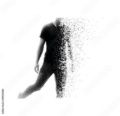 A fading silhouette with legs already beyond the frame and torso partially visible, off-center composition with strong negative space, monochrome halftone