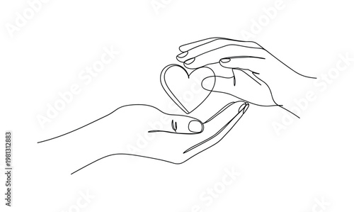 "Heart in Hand". Minimalistic one-line drawing close-up of fingers forming a cradle around a simple heart symbol, continuous single black line on white