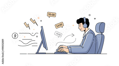 Competitive gaming. A focused player sits at a sleek desk with a glowing monitor, hands mid-action on keyboard and mouse as abstract motion lines show fast