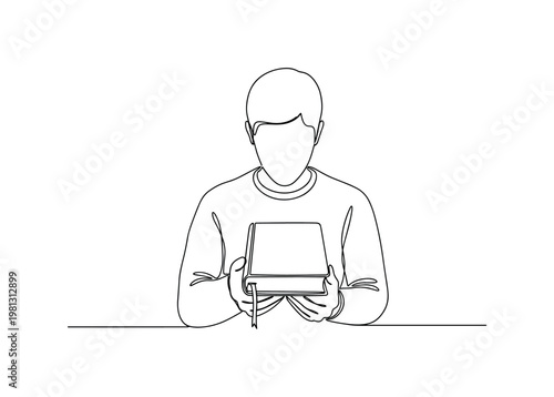 "Faith and Reflection". Minimalistic one-line drawing person in quiet posture with Bible resting in hands, continuous single black line on white background,