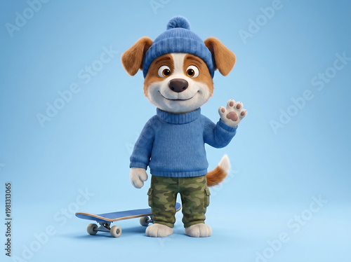 Cute puppy mascot waving with skateboard on blue background