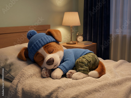 Cute puppy sleeping in cozy bed at home at night