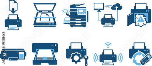 A collection of blue printer icons on a white background