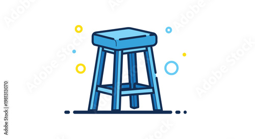 A simple blue wooden stool is centrally positioned with scattered colorful circles around it
