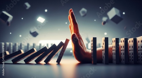 Hand stopping domino effect, symbolizing crisis management and risk prevention.