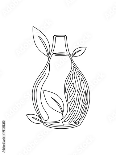 "Eco Design Inspiration". Minimalistic one-line drawing product made of natural materials with leaf and organic texture lines, continuous single black line on