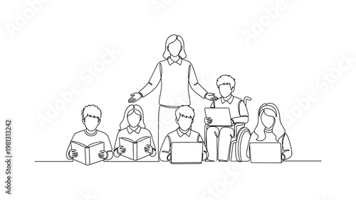 "Inclusive Education". Minimalistic one-line drawing teacher engaging diverse group of students with books and laptops, continuous single black line on white