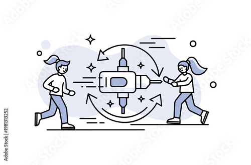 Tool operation. A central drill is highlighted with directional arrows showing rotation and pressure. Small sparkles and motion lines emphasize functionality