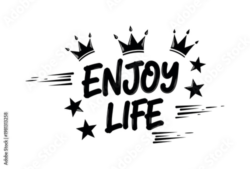 Enjoy Life. lettering and all elements in black. Vector style. White background. Pure white background. Perfect isolation and visual consistency. Dynamic
