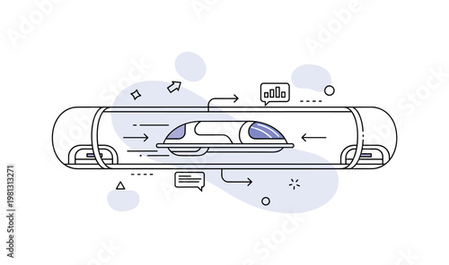 Futuristic transport system. A single hyperloop pod glides inside a tube, connected to simple station icons at each end. Tiny arrows and data symbols highlight
