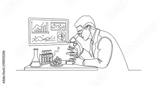"Mining Research and Development". Minimalistic one-line drawing scientist analyzing mineral samples with equipment and data graphs nearby, continuous single