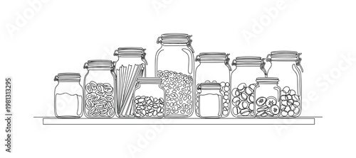 "Plastic-Free Food Storage". Minimalistic one-line drawing glass jars with lids and fresh food inside on a shelf, continuous single black line on white