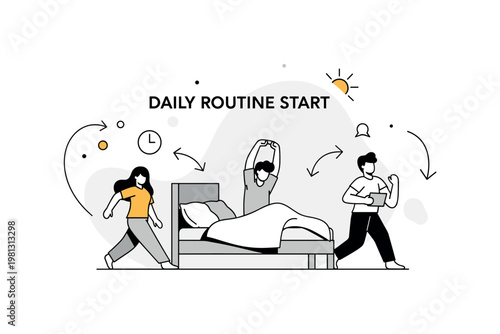 Daily routine start. A central bed scene shows a person stretching while minimal icons like a clock and sun appear nearby. Subtle arrows and shapes suggest the