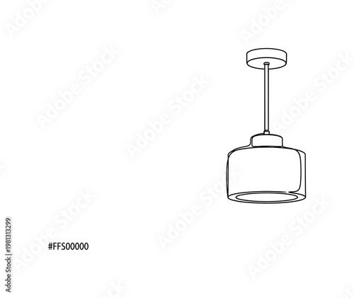 "Ceiling Light Fixture". Minimalistic one-line drawing modern ceiling lamp with simple geometric shade and hanging mount, continuous single black line on white