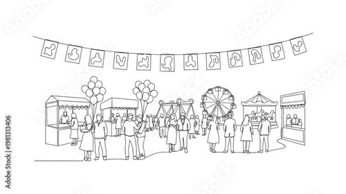 "Spring Festival Scene". Minimalistic one-line drawing people enjoying outdoor fair with banners and simple rides, continuous single black line on white
