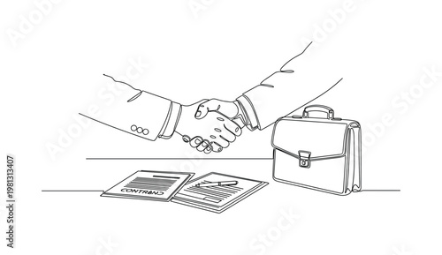 "Partnership Agreement". Minimalistic one-line drawing handshake over table with contract papers and briefcase nearby, continuous single black line on white