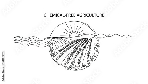 "Chemical-Free Agriculture". Minimalistic one-line drawing crop rows with sun, water, and natural cycles integrated, continuous single black line on white