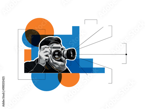 photographer capturing a scene with vintage camera as main subject, black and white realistic figure and camera, bold blue and orange geometric circles and