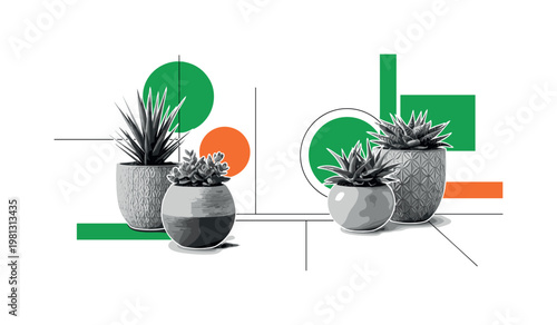 decorative pots and planters arranged in garden as main subject, black and white realistic textures of pots and plants, bold green and orange geometric circles