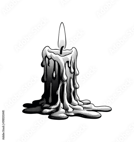 A flickering candle with wax dripping heavily, forming unsettling organic shapes, off-center composition with negative space, monochrome halftone illustration,