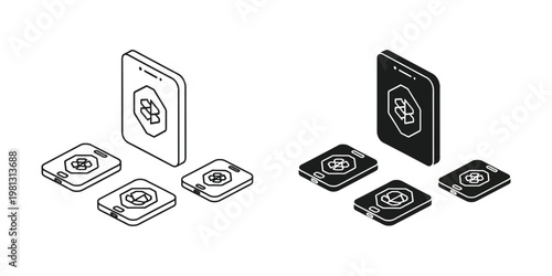 Isometric illustration of mobile and wearable device connectivity with app icons