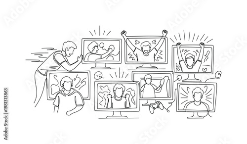 "Gaming Tournament". Minimalistic one-line drawing multiple screens and players in dynamic poses with reaction lines, continuous single black line on white