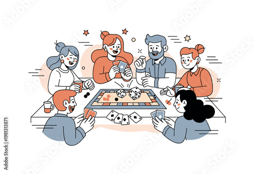 Board game nights. A group of friends gathers around a table with a central board game, dice mid-roll and cards slightly fanned out. Small stars and motion
