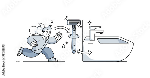 Bathroom organization. A minimal holder secures a razor neatly beside a sink, with gentle arrows showing easy placement and removal. Tiny droplets and stars