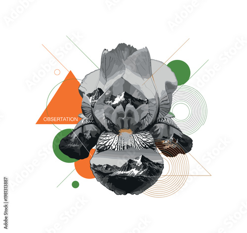 close-up of iris containing miniature mountain peaks, monochrome textures with high contrast, abstract orange and green geometric shapes symbolizing