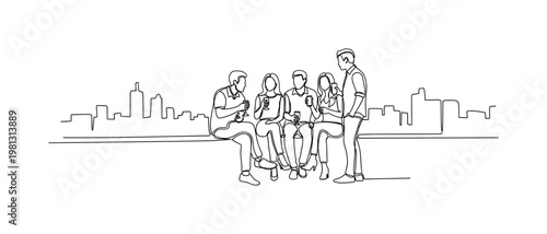 "Rooftop Hangout". Minimalistic one-line drawing small group enjoying drinks with skyline silhouette and relaxed posture, continuous single black line on white