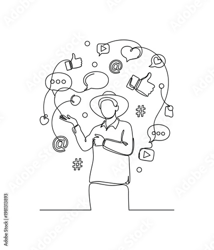 "Social Media Life". Minimalistic one-line drawing individual posing or gesturing with abstract social icons around, continuous single black line on white