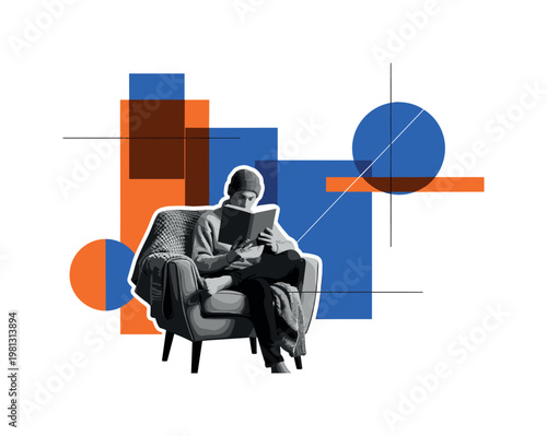 person sitting in armchair by fireplace reading a book as main subject, black and white realistic figure and chair, warm orange and deep red geometric circles
