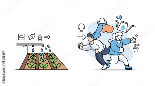 Water-efficient irrigation. A single crop row is watered by a simple drip system, with droplets flowing precisely to each plant. Small arrows and icons