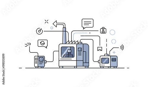 Smart factory system. A central machine connects to smaller units through clean lines, forming an automated network. Tiny data and signal icons highlight