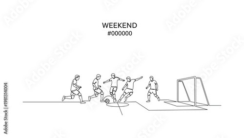"Weekend Sports Game". Minimalistic one-line drawing players competing on field with ball and simple goal outline, continuous single black line on white