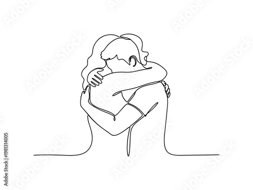 "Affectionate Gesture". Minimalistic one-line drawing gentle hug between two people with soft flowing curves, continuous single black line on white background,